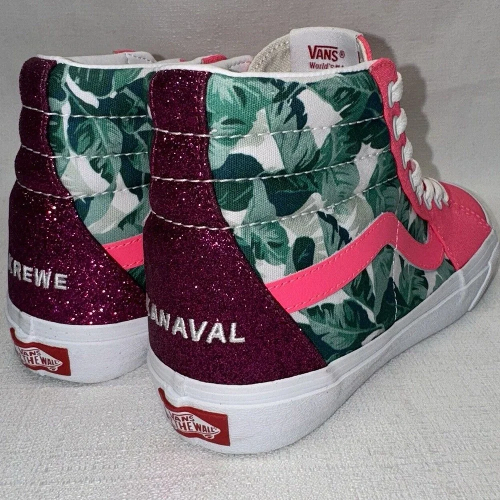 Vans Sk8-Hi High Top Women 7.5 Pink Tropical Leaf Glitter Krewe Kanaval Skater‎